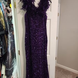 Purple Sequin Gown with Feather Trim - Lg